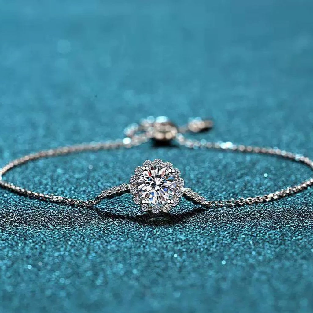 Round Halo Moissanite Adjustable Bracelet with CZ in Rhodium-Plated S925 sterling silver angled product display showing bracelet silhouette
