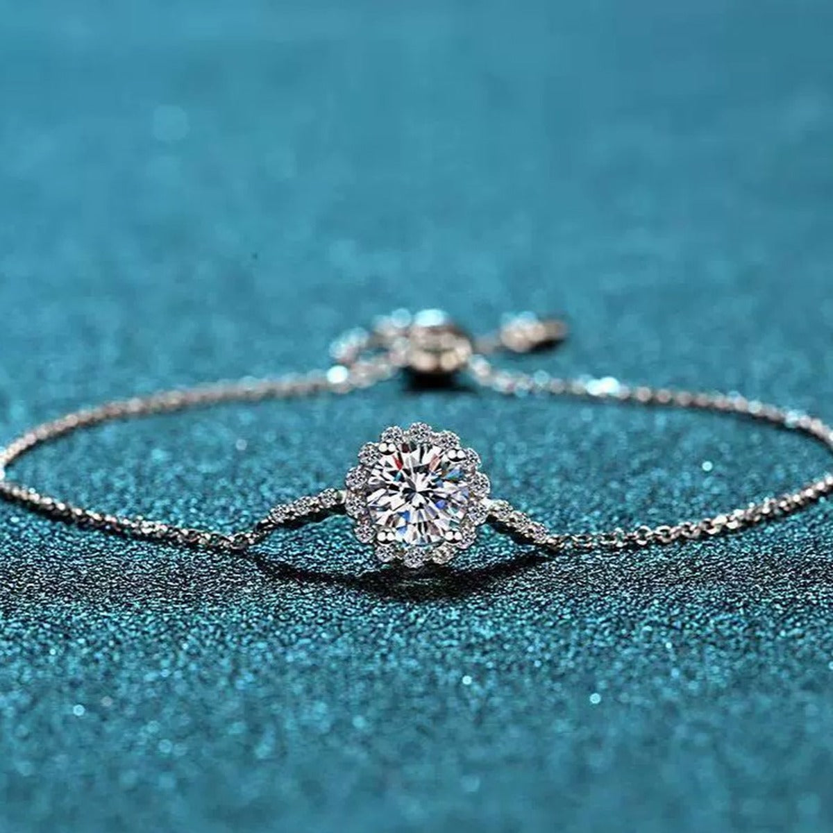 Round Halo Moissanite Adjustable Bracelet with CZ in Rhodium-Plated S925 sterling silver angled product display showing bracelet silhouette