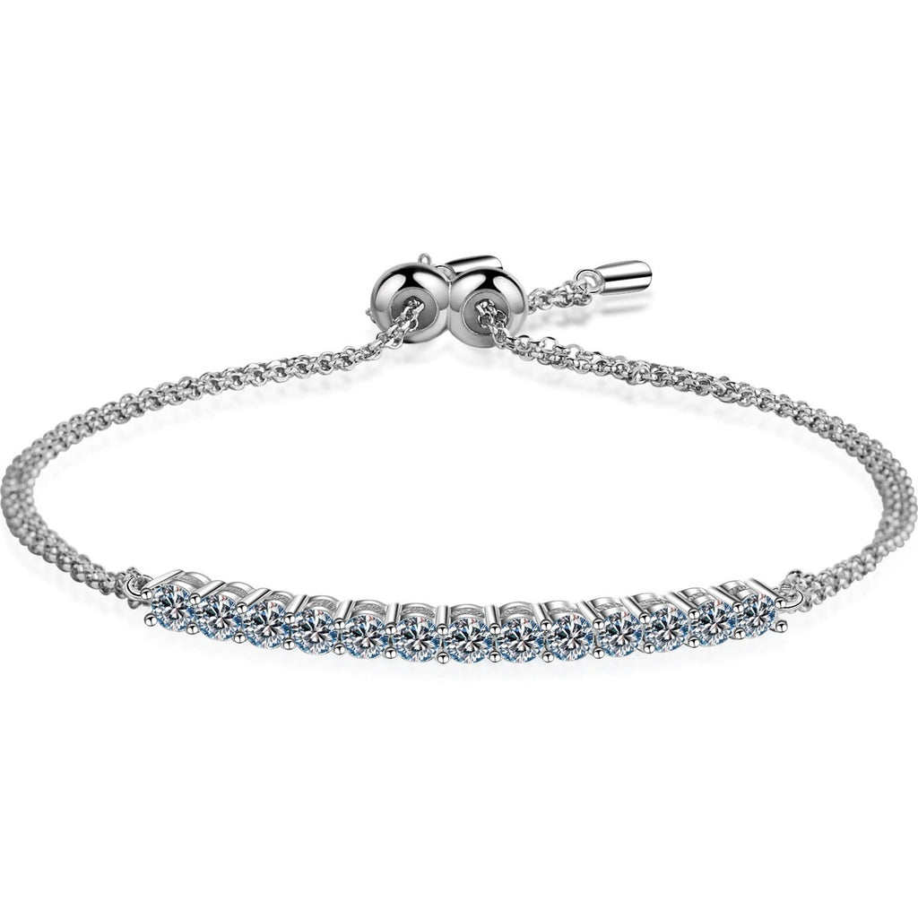 Mini Tennis Moissanite Adjustable Bracelet in Rhodium-Plated S925 sterling silver white background product photo showing bracelet shape and moissanite setting