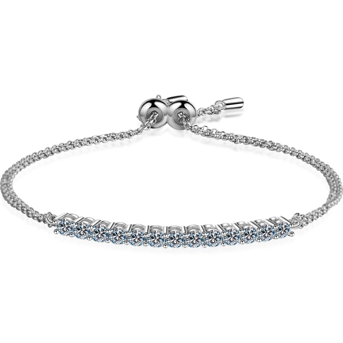 Mini Tennis Moissanite Adjustable Bracelet in Rhodium-Plated S925 sterling silver white background product photo showing bracelet shape and moissanite setting