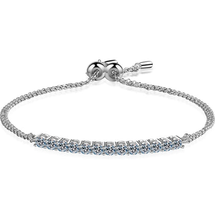 Mini Tennis Moissanite Adjustable Bracelet in Rhodium-Plated S925 sterling silver white background product photo showing bracelet shape and moissanite setting