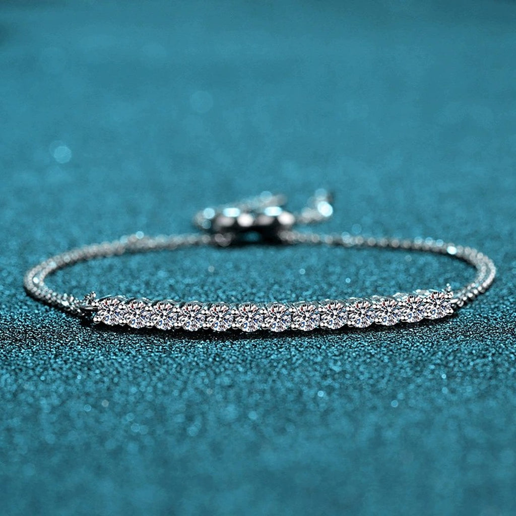 Mini Tennis Moissanite Adjustable Bracelet in Rhodium-Plated S925 sterling silver close-up bracelet detail view showing clasp and motif