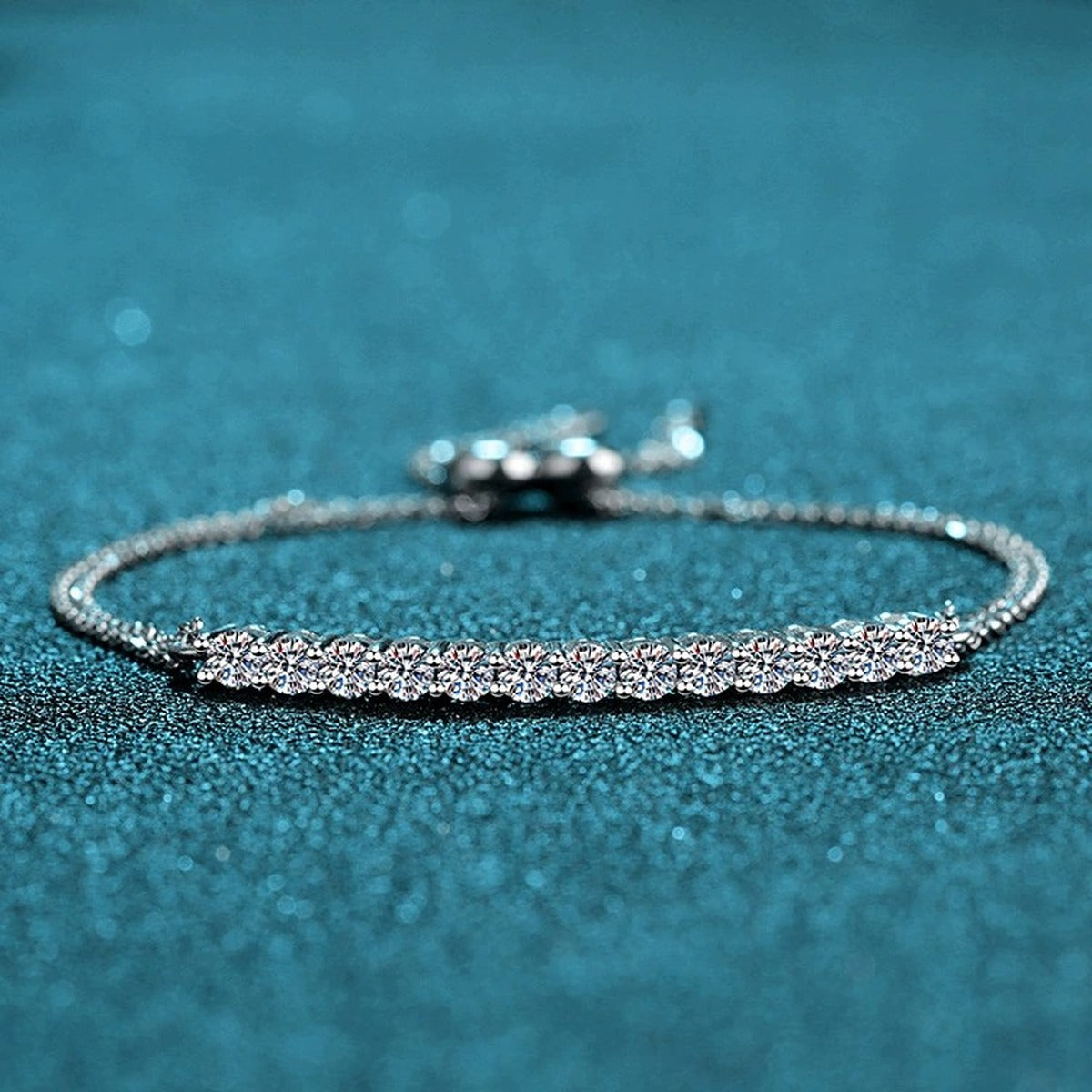 Mini Tennis Moissanite Adjustable Bracelet in Rhodium-Plated S925 sterling silver close-up bracelet detail view showing clasp and motif