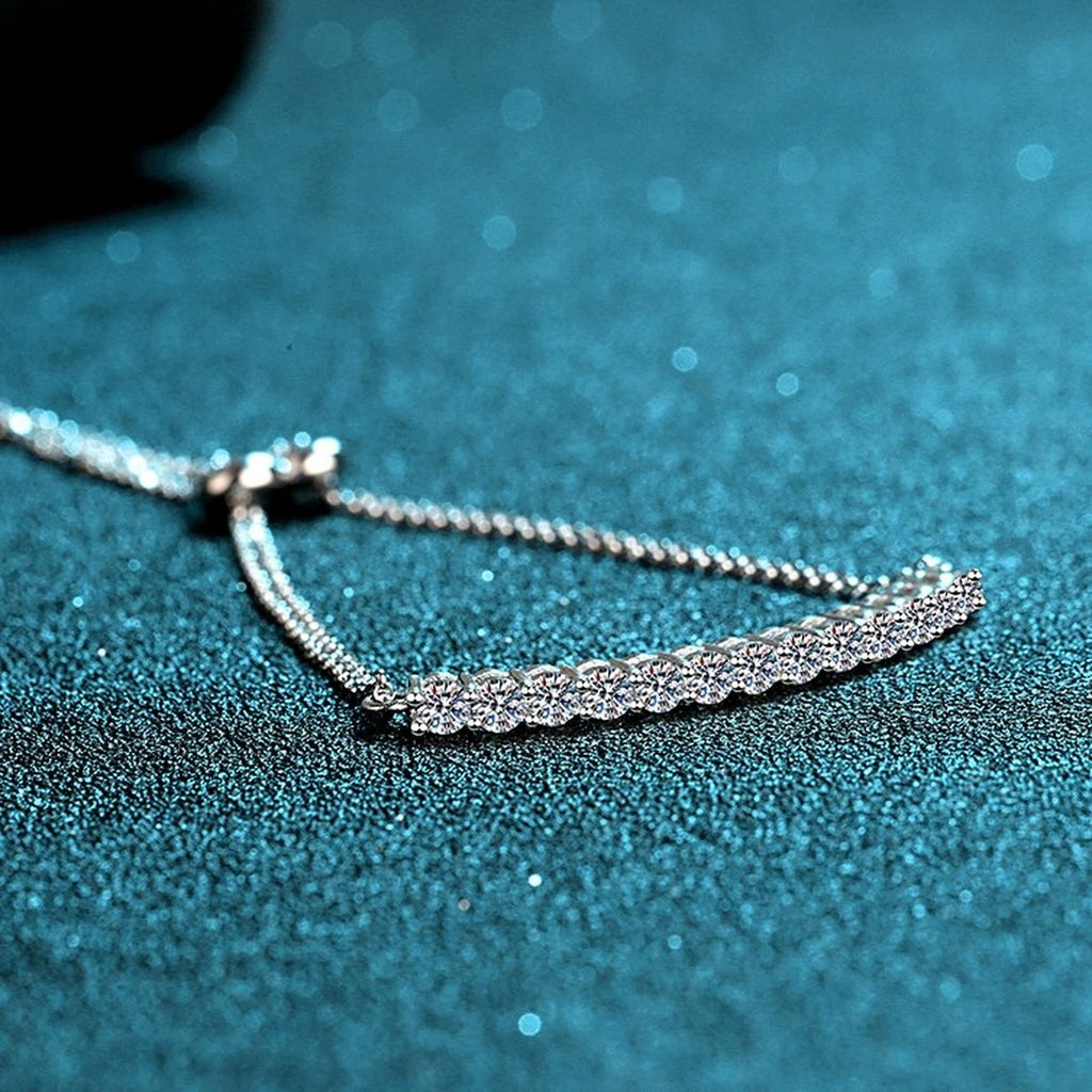 Mini Tennis Moissanite Adjustable Bracelet in Rhodium-Plated S925 sterling silver angled product display showing bracelet silhouette
