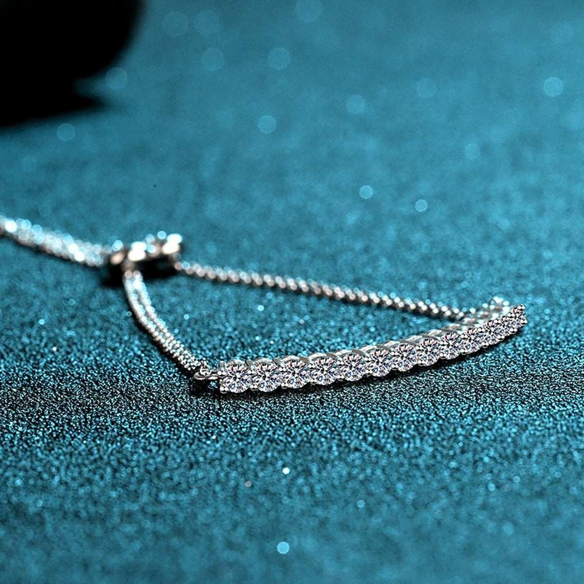 Mini Tennis Moissanite Adjustable Bracelet in Rhodium-Plated S925 sterling silver angled product display showing bracelet silhouette