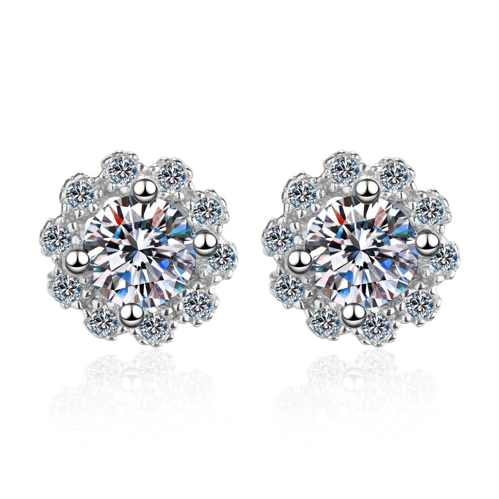 Floral Halo Moissanite Stud Earrings with CZ in Rhodium-Plated S925 Sterling Silver on clean white background showing the pair, setting, and stud earrings silhouette