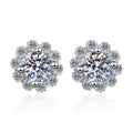 Floral Halo Moissanite Stud Earrings with CZ in Rhodium-Plated S925 Sterling Silver on clean white background showing the pair, setting, and stud earrings silhouette