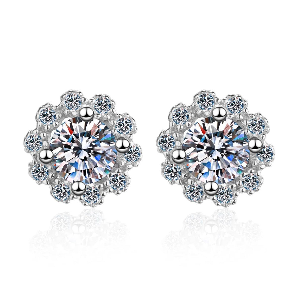 Floral Halo Moissanite Stud Earrings with CZ in Rhodium-Plated S925 Sterling Silver on clean white background showing the pair, setting, and stud earrings silhouette