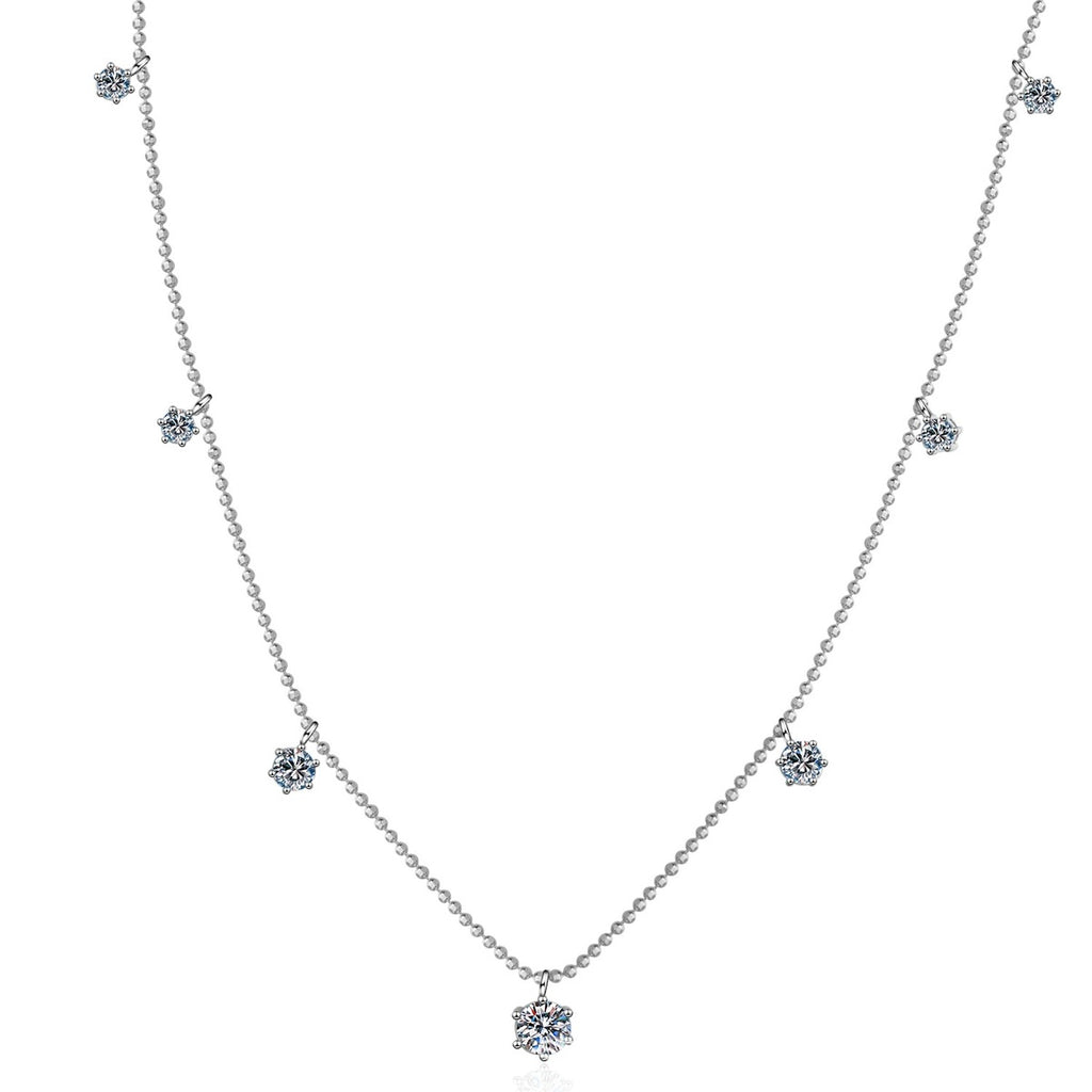 Charm Station Moissanite Necklace with CZ in Rhodium-Plated S925 sterling silver on white background showing pendant shape and round moissanite