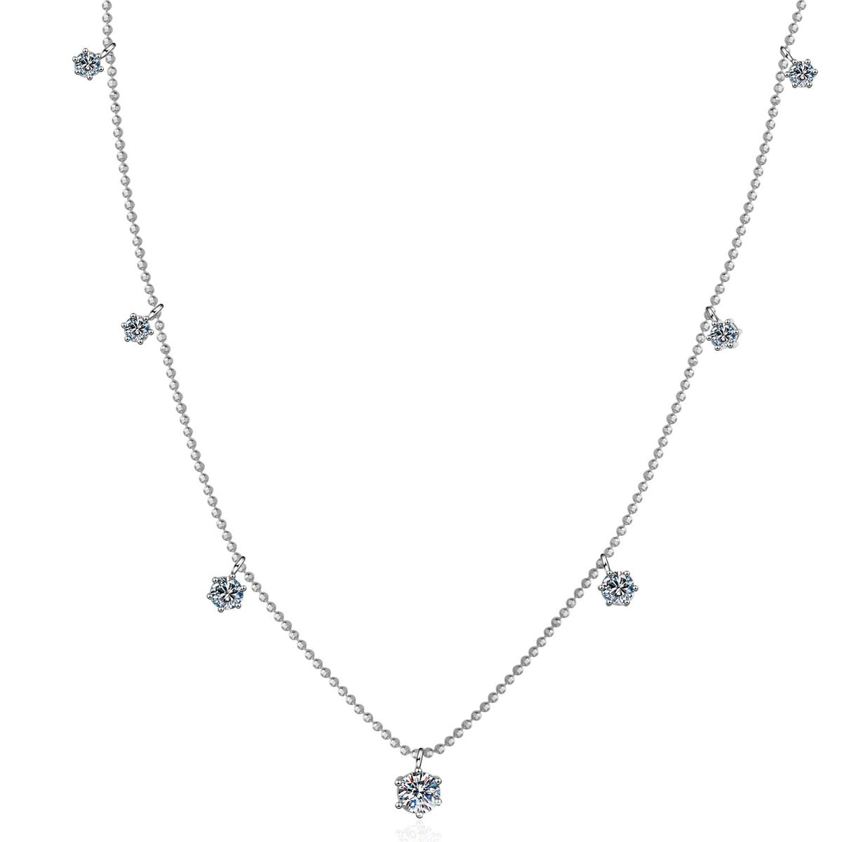 Charm Station Moissanite Necklace with CZ in Rhodium-Plated S925 sterling silver on white background showing pendant shape and round moissanite