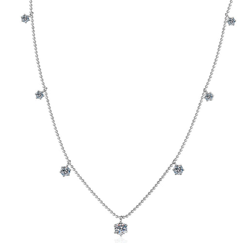 Charm Station Moissanite Necklace with CZ in Rhodium-Plated S925 sterling silver on white background showing pendant shape and round moissanite