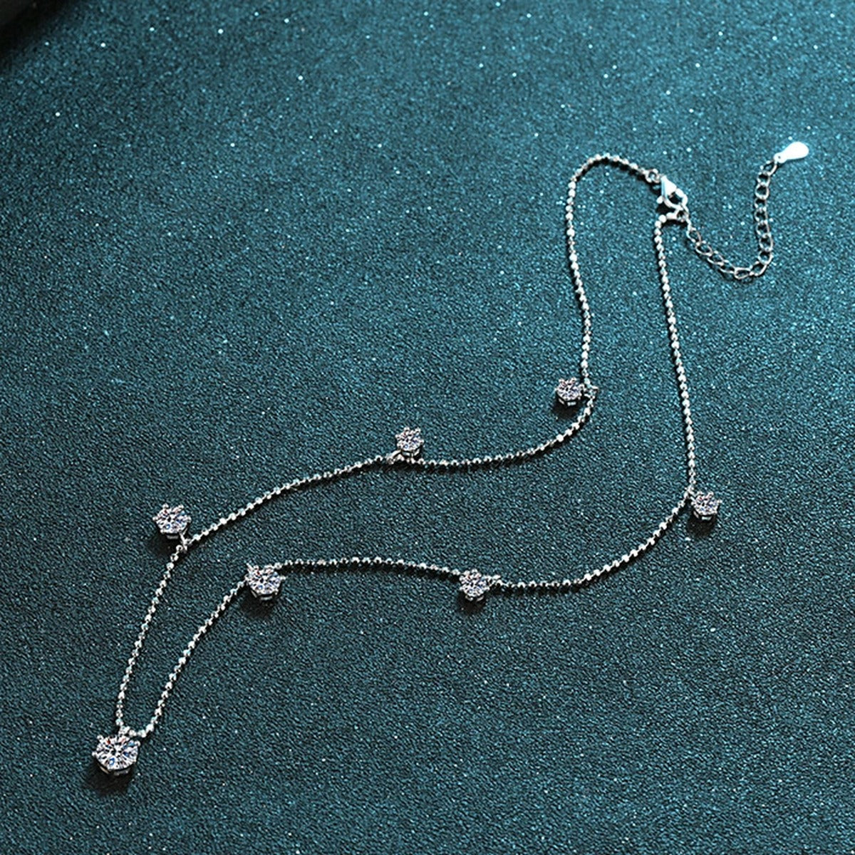 Charm Station Moissanite Necklace with CZ in Rhodium-Plated S925 sterling silver product scene view showing chain and setting detail