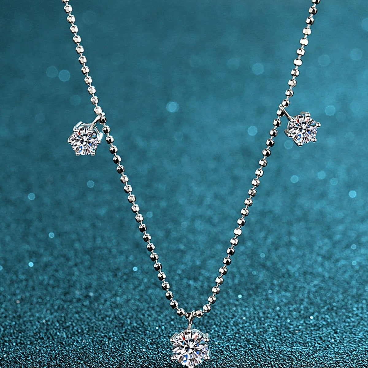 Charm Station Moissanite Necklace with CZ in Rhodium-Plated S925 sterling silver product scene view showing angled sparkle