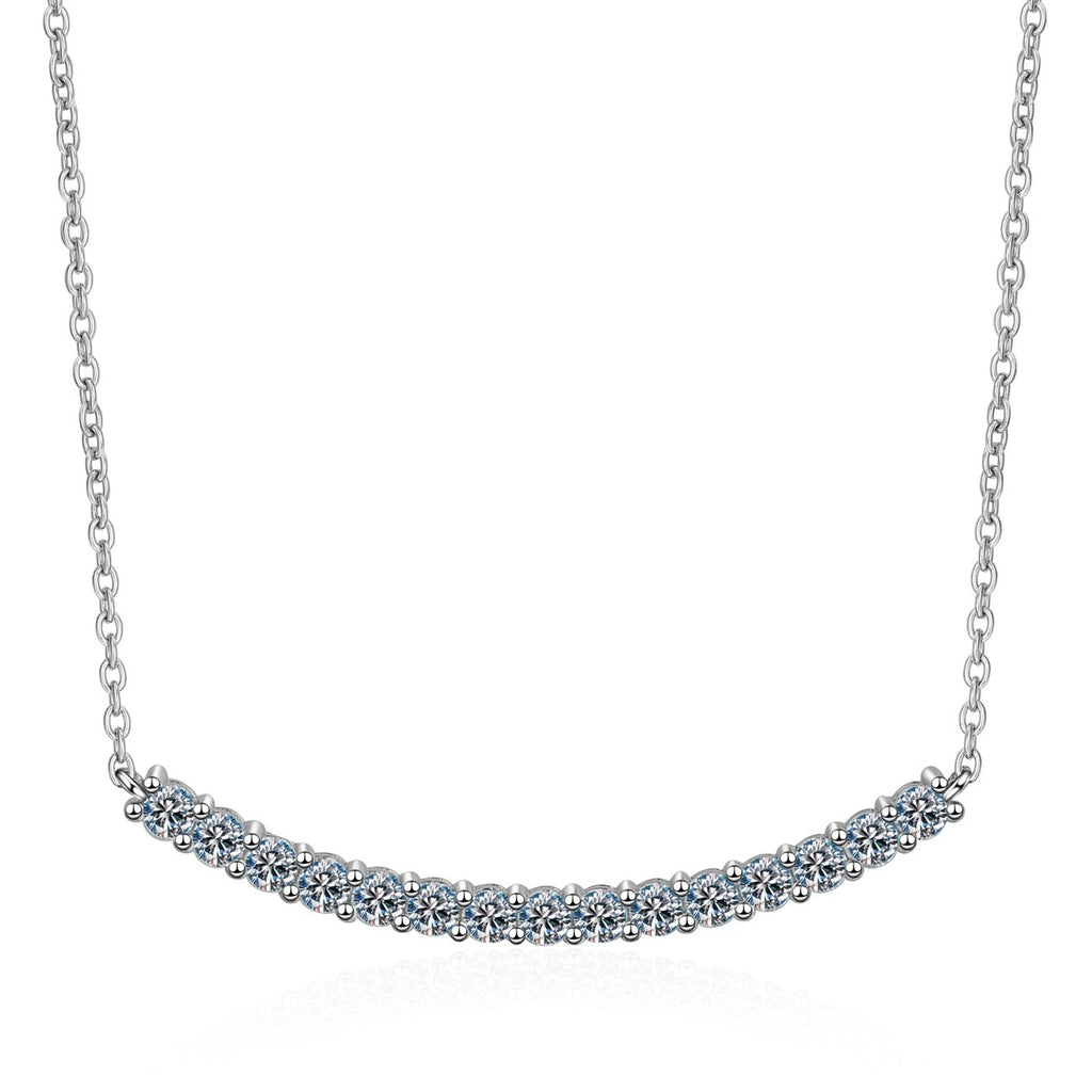 Curved Bar Moissanite Necklace in Rhodium-Plated S925 sterling silver on white background showing pendant shape and round moissanite