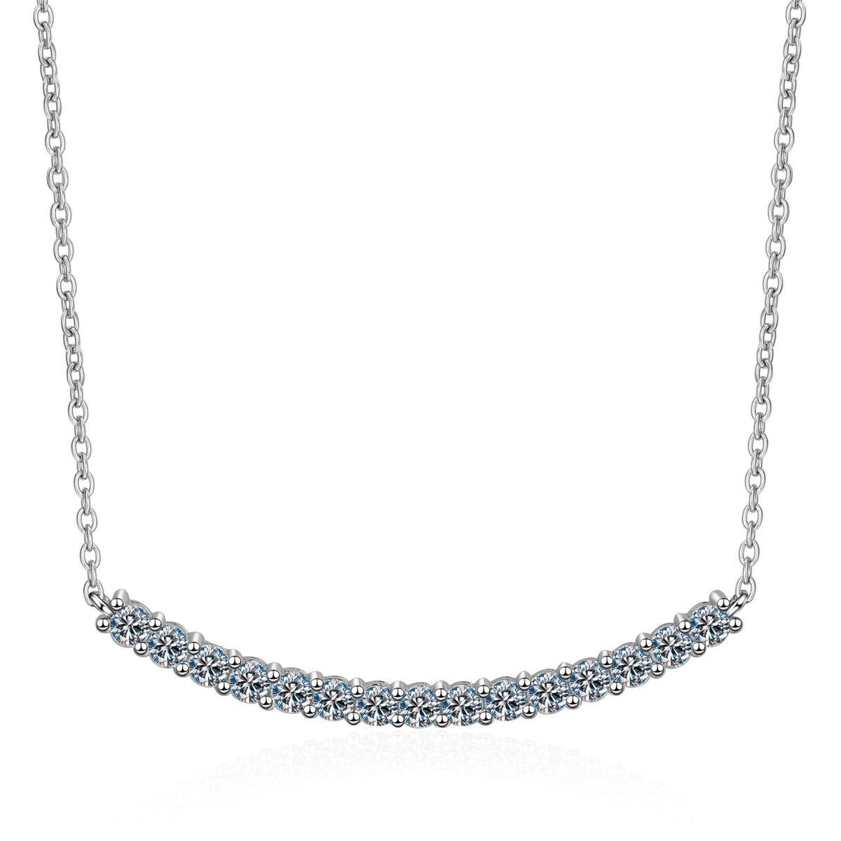 Curved Bar Moissanite Necklace in Rhodium-Plated S925 sterling silver on white background showing pendant shape and round moissanite