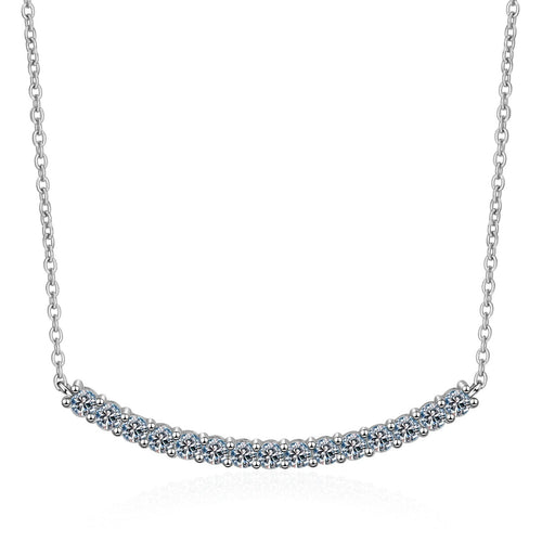 Curved Bar Moissanite Necklace in Rhodium-Plated S925 sterling silver on white background showing pendant shape and round moissanite