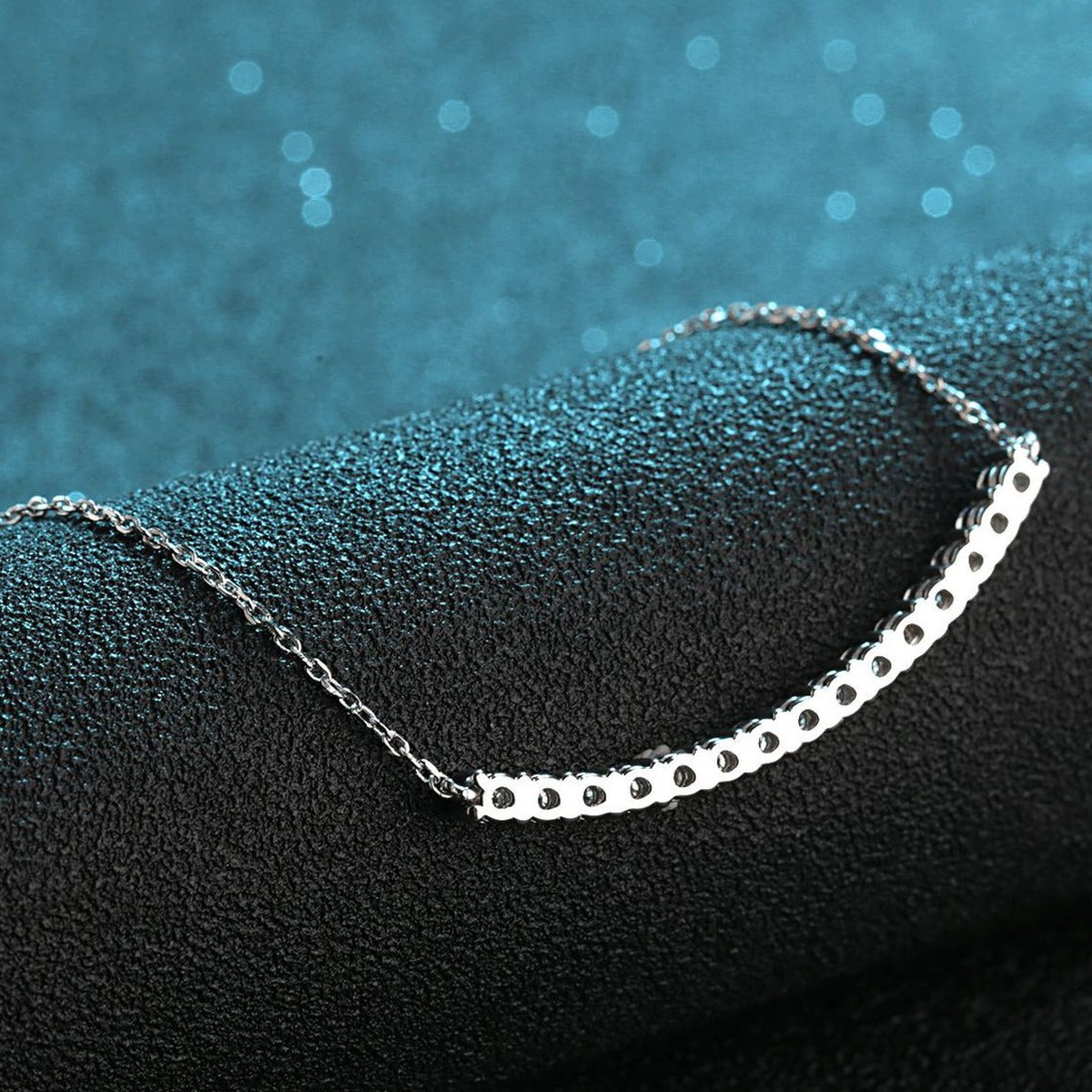 Curved Bar Moissanite Necklace in Rhodium-Plated S925 sterling silver product scene view showing chain and setting detail