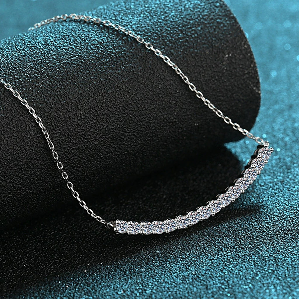 Curved Bar Moissanite Necklace in Rhodium-Plated S925 sterling silver product scene view showing angled sparkle
