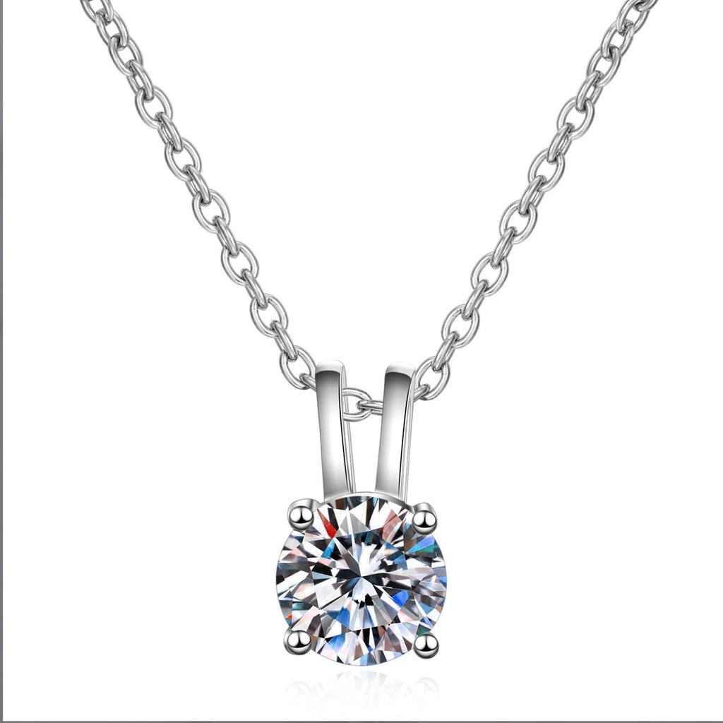 Solitaire Moissanite Pendant Necklace in Rhodium-Plated S925 sterling silver on white background showing pendant shape and round moissanite