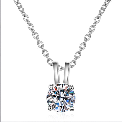 Solitaire Moissanite Pendant Necklace in Rhodium-Plated S925 sterling silver on white background showing pendant shape and round moissanite