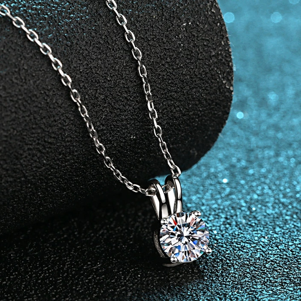 Solitaire Moissanite Pendant Necklace in Rhodium-Plated S925 sterling silver product scene view showing pendant detail