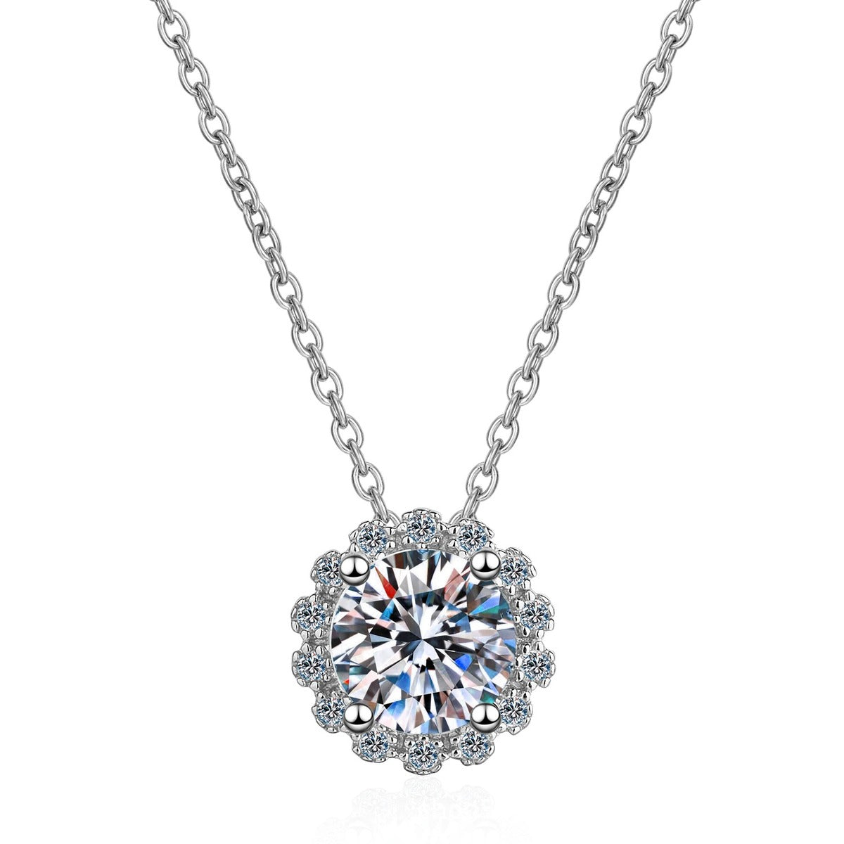Round Halo Moissanite Pendant Necklace with CZ in Rhodium-Plated S925 sterling silver white background product photo showing round halo pendant with a 6.5mm moissanite center and CZ frame