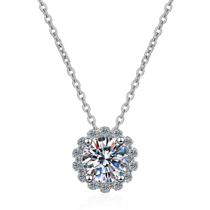 Round Halo Moissanite Pendant Necklace with CZ in Rhodium-Plated S925 sterling silver white background product photo showing round halo pendant with a 6.5mm moissanite center and CZ frame