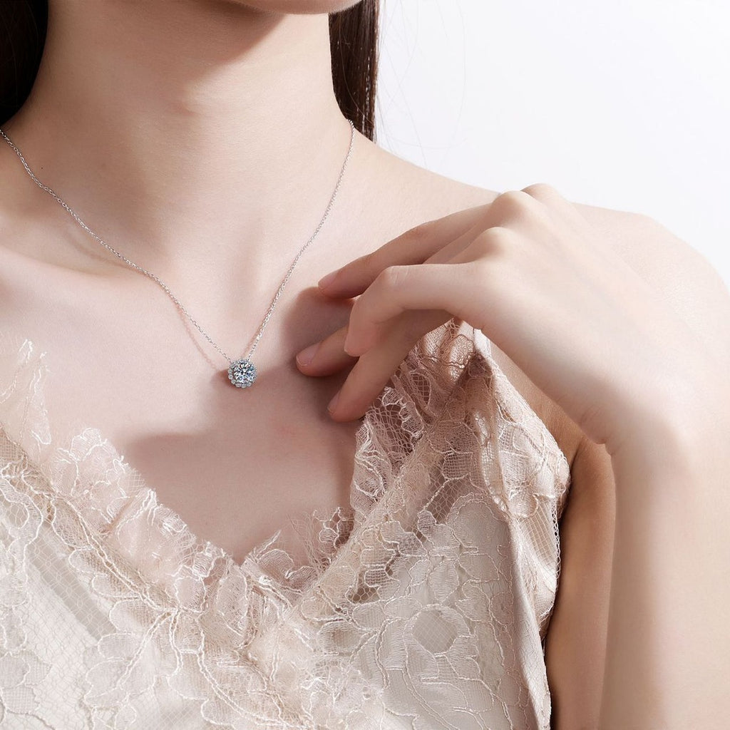 Round Halo Moissanite Pendant Necklace with CZ in Rhodium-Plated S925 sterling silver neckline model view showing pendant scale and adjustable chain