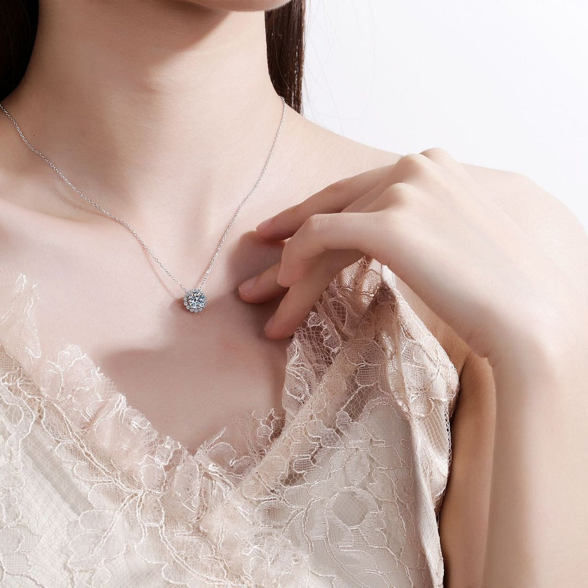 Round Halo Moissanite Pendant Necklace with CZ in Rhodium-Plated S925 sterling silver neckline model view showing pendant scale and adjustable chain