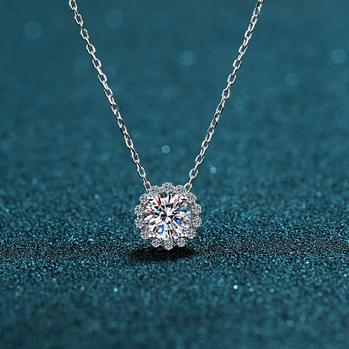 Round Halo Moissanite Pendant Necklace with CZ in Rhodium-Plated S925 sterling silver close-up product scene showing pendant setting