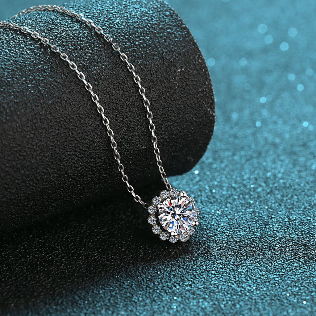Round Halo Moissanite Pendant Necklace with CZ in Rhodium-Plated S925 sterling silver blue display scene showing chain and stone layout