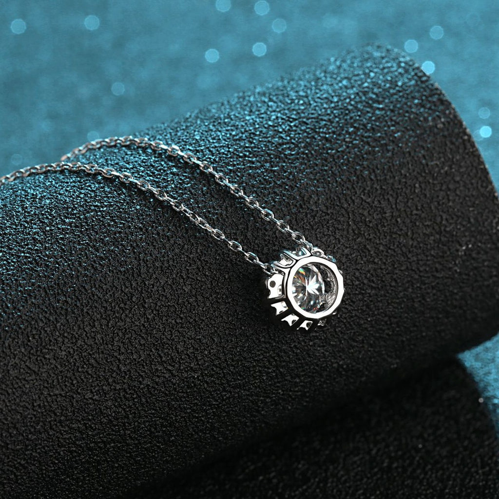 Round Halo Moissanite Pendant Necklace with CZ in Rhodium-Plated S925 sterling silver angled product detail view