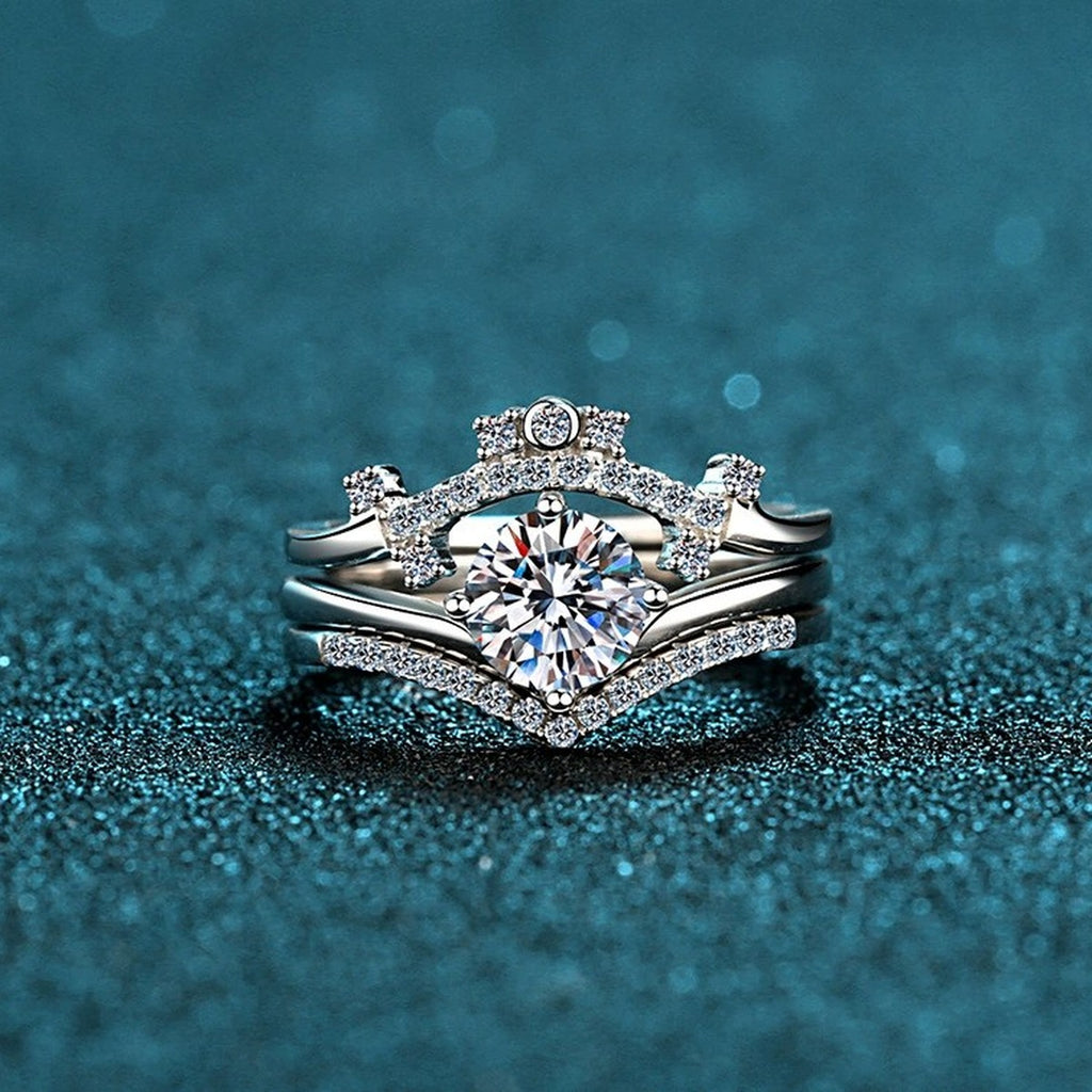 Round Moissanite Stackable Ring Set with CZ product view showing moissanite setting and metal finish