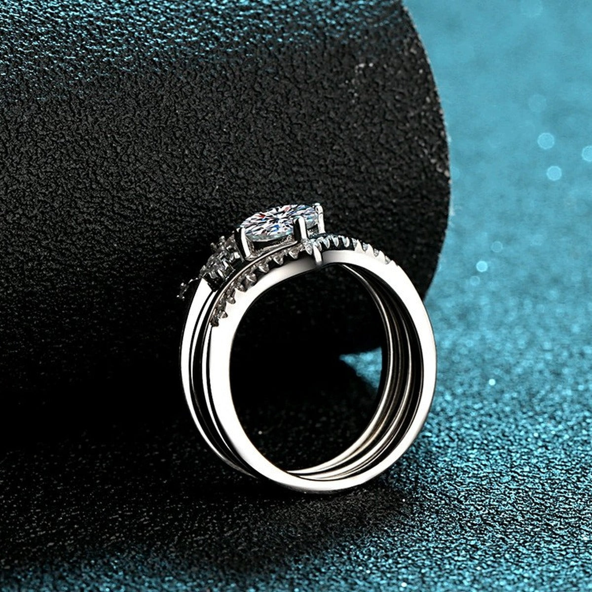 Round Moissanite Stackable Ring Set with CZ product view showing moissanite setting and metal finish