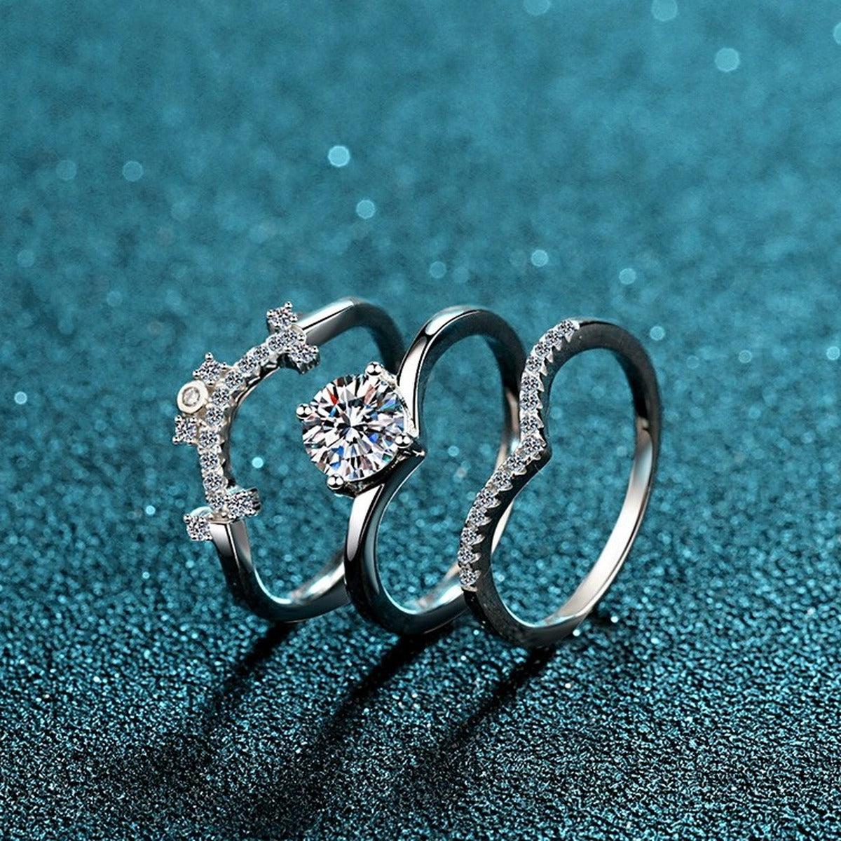 Round Moissanite Stackable Ring Set with CZ product view showing moissanite setting and metal finish