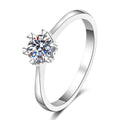 Round Moissanite Six-Prong Solitaire Ring in rhodium-plated S925 sterling silver on clean white background