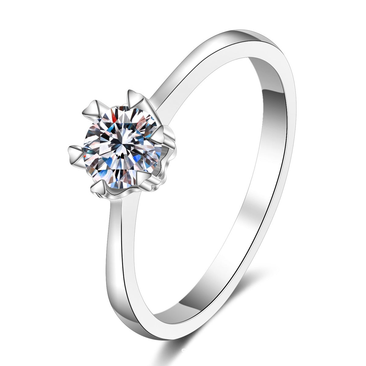 Round Moissanite Six-Prong Solitaire Ring in rhodium-plated S925 sterling silver on clean white background