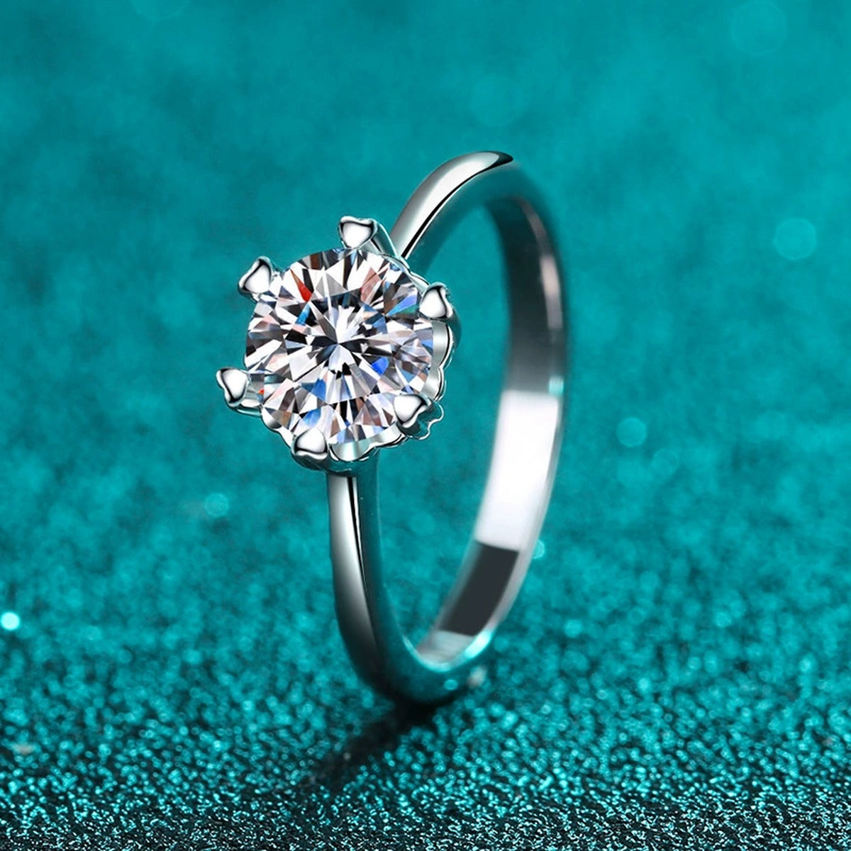 Round Moissanite Six-Prong Solitaire Ring product view showing moissanite setting and metal finish