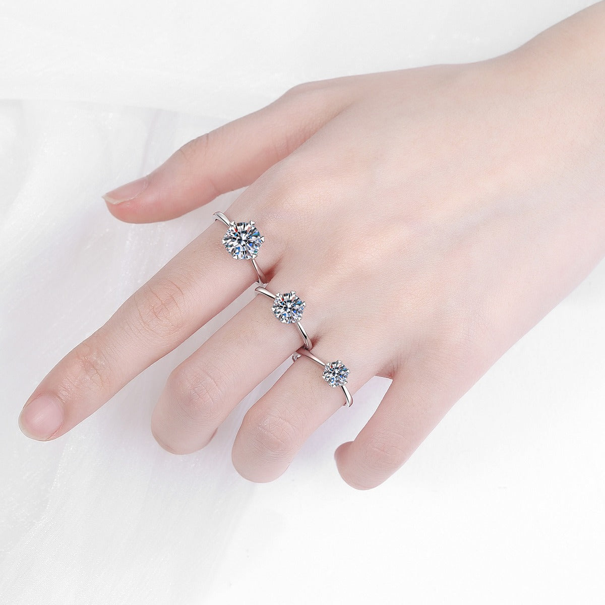 Round Moissanite Six-Prong Solitaire Ring product view showing moissanite setting and metal finish on hand