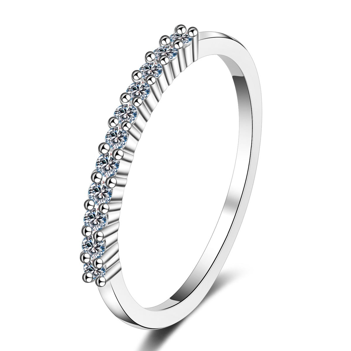 Round Moissanite Stackable Band Ring in rhodium-plated S925 sterling silver on clean white background