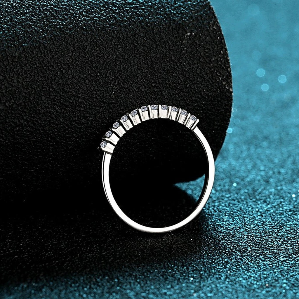 Round Moissanite Stackable Band Ring product view showing moissanite setting and metal finish