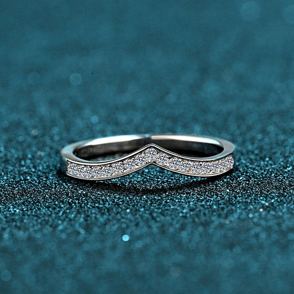 Slim Moissanite Band Ring in Rhodium-Plated S925 Sterling Silver blue display product photo showing the moissanite setting and band profile