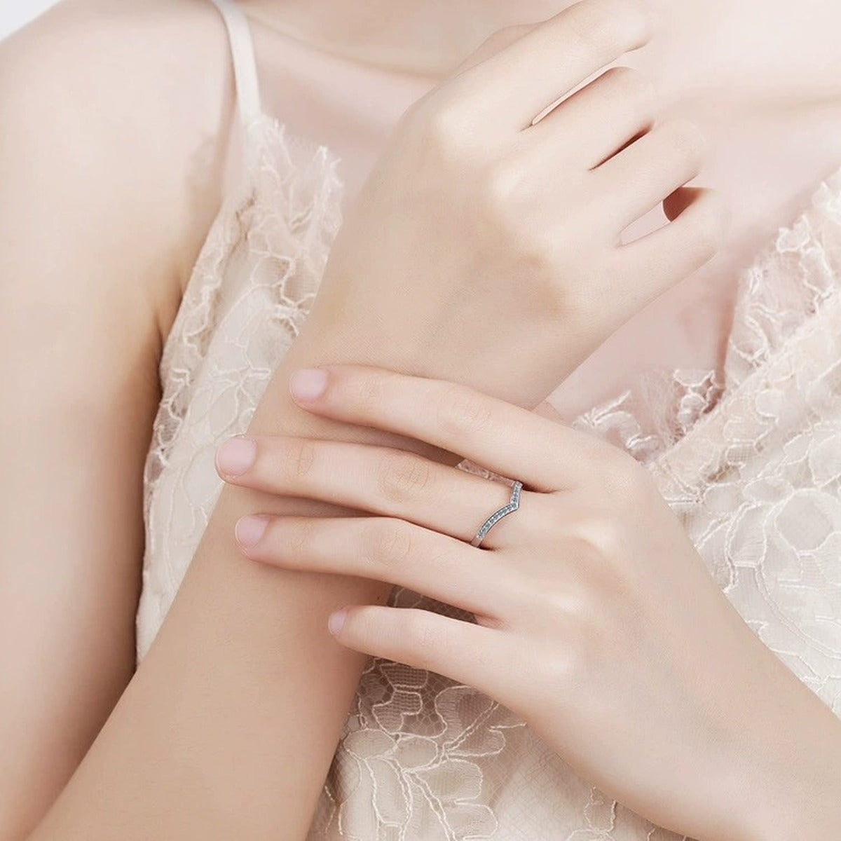 Slim Moissanite Band Ring in Rhodium-Plated S925 Sterling Silver studio product angle showing the ring setting, stone detail, and band design