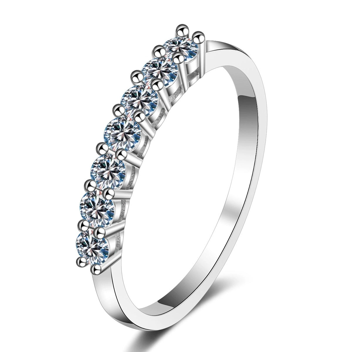 Curved Pave Moissanite Band Ring in Rhodium-Plated S925 Sterling Silver clean white background product photo showing the ring silhouette and moissanite setting