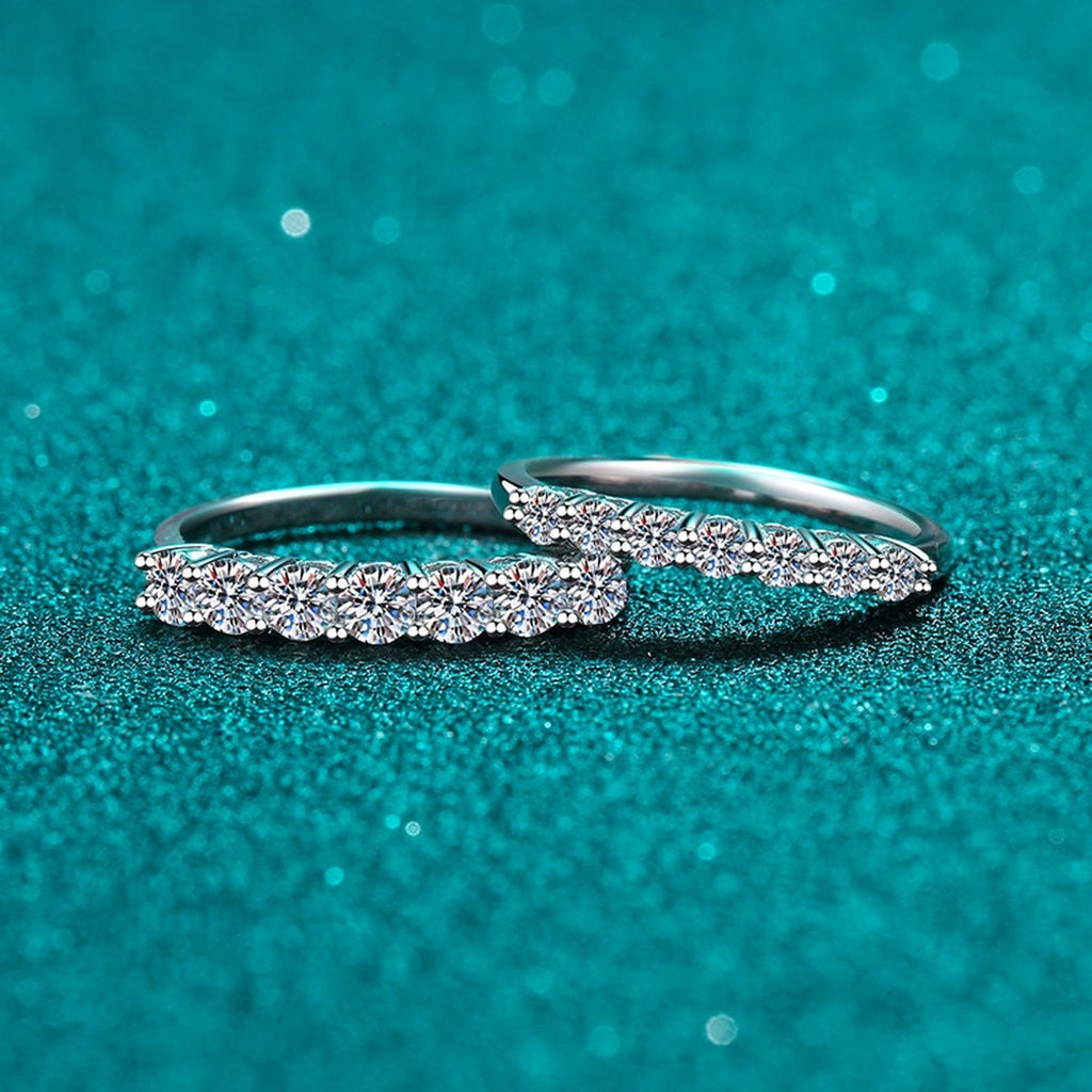 Curved Pave Moissanite Band Ring in Rhodium-Plated S925 Sterling Silver blue display product photo showing the moissanite setting and band profile