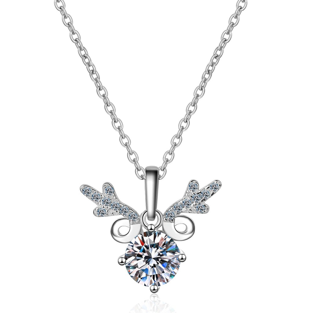 Deer Antler Moissanite Pendant Necklace with CZ in Rhodium-Plated S925 sterling silver on white background showing pendant shape and round moissanite