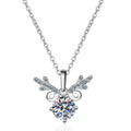 Deer Antler Moissanite Pendant Necklace with CZ in Rhodium-Plated S925 sterling silver on white background showing pendant shape and round moissanite