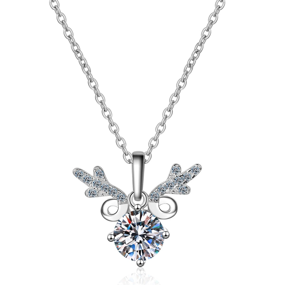 Deer Antler Moissanite Pendant Necklace with CZ in Rhodium-Plated S925 sterling silver on white background showing pendant shape and round moissanite