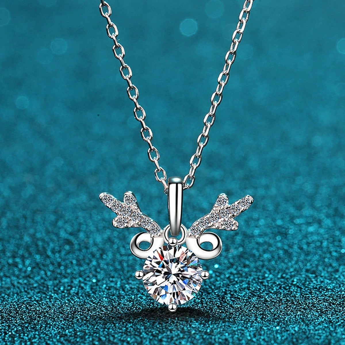 Deer Antler Moissanite Pendant Necklace with CZ in Rhodium-Plated S925 sterling silver product scene view showing pendant detail