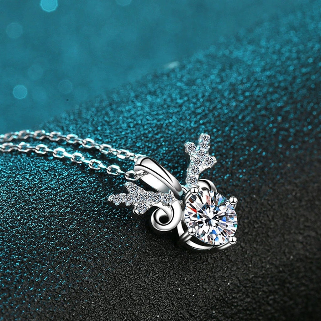 Deer Antler Moissanite Pendant Necklace with CZ in Rhodium-Plated S925 sterling silver product scene view showing chain and setting detail